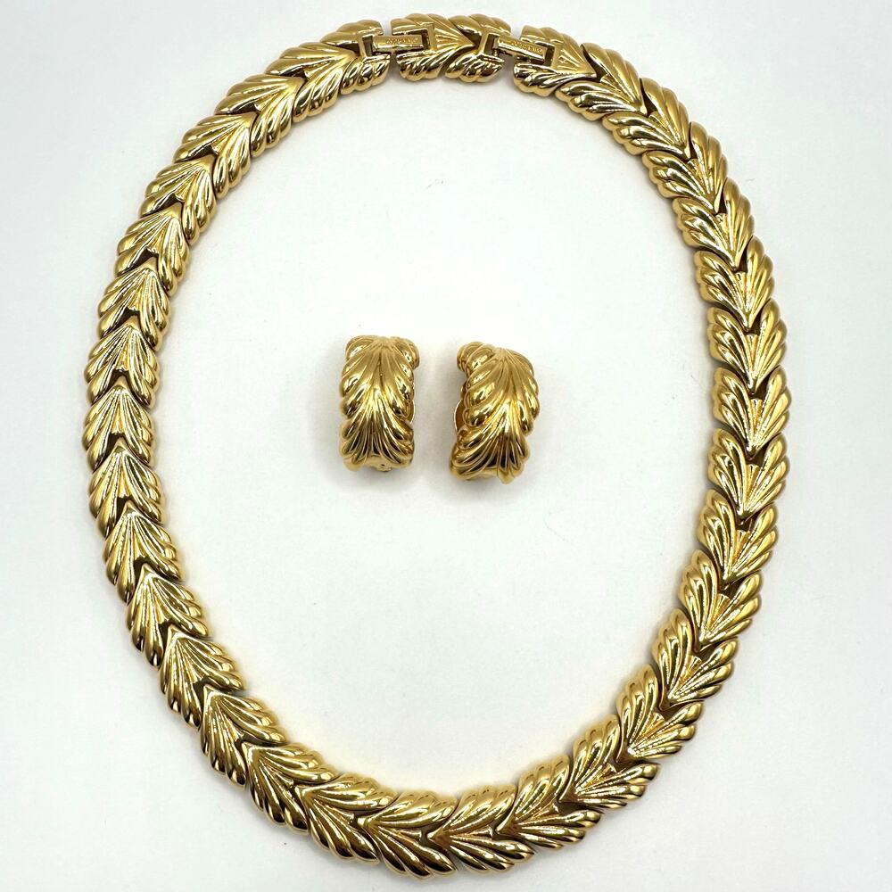 Nina Ricci vintage 1980s gold plated runway statement necklace clip on earrings